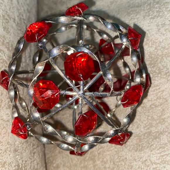 Handmade Twisted Silver Beaded Christmas Ornament w/Red Jewel Beads-3-3/4” Round - Picture 6 of 8
